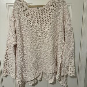Free People Cream V-Neck Sweater with Textured Knit
